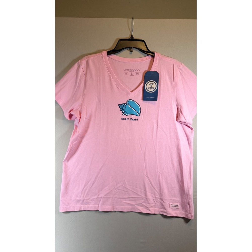 Life is Good Womens Crusher Vee Shell Yeah Conch Pink T-Shirt Large NWT